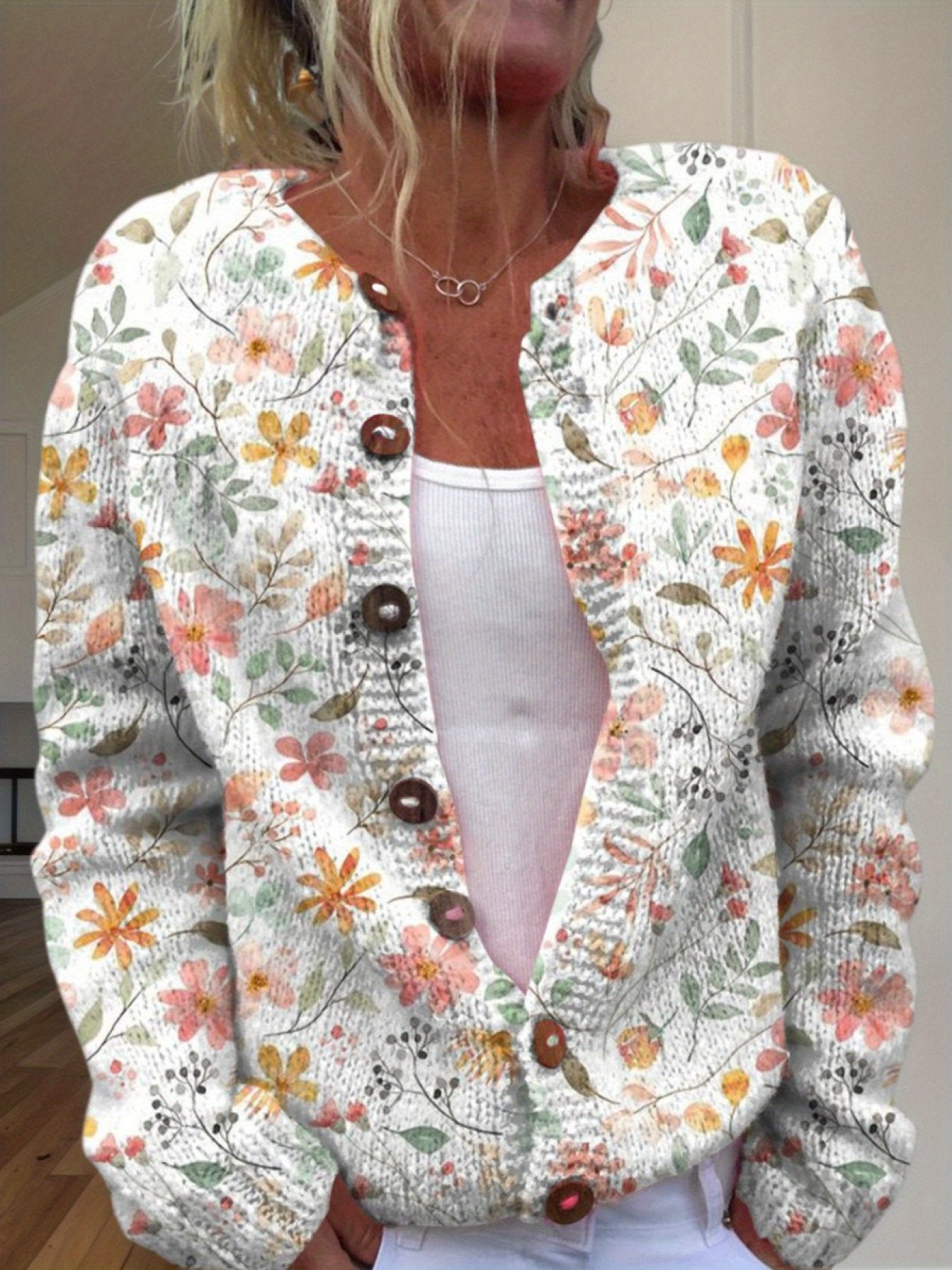 Women's Floral Print Cardigan White Multicolor Flower Print Long Sleeve Button Down Knit Jacket