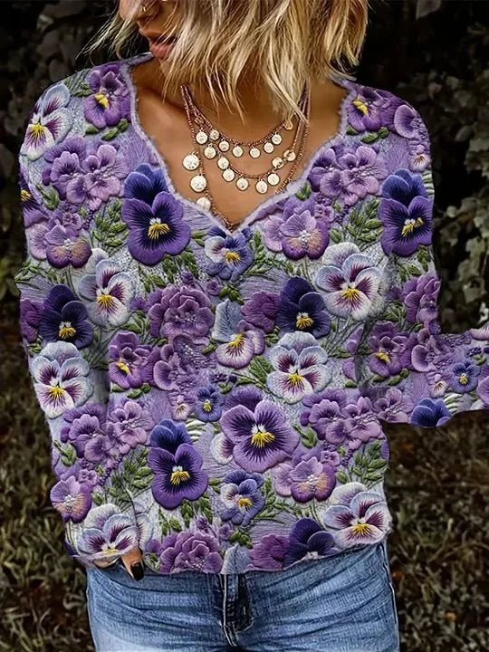 Violet Plant Flower Art V-neck Tops