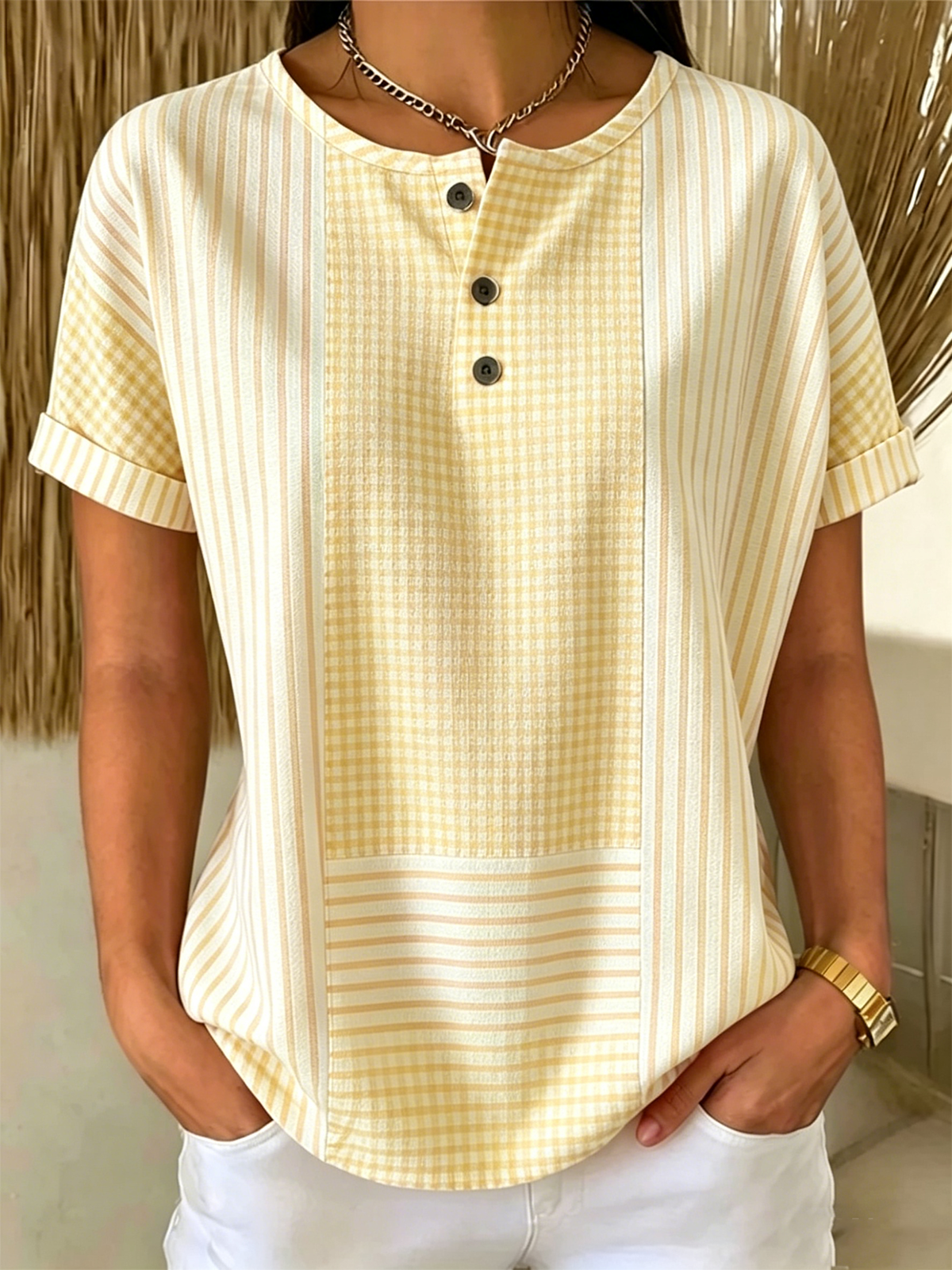 Women's Gingham & Stripe Patchwork Henley Short Sleeve Button T-Shirt