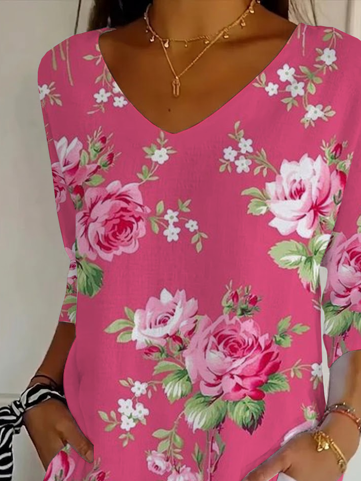 Women's Three Quarter Sleeve T-shirt Spring/Fall Pink Floral Printing V Neck Daily Going Out Casual Top