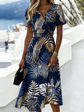 Tropical Printed V Neck Short Sleeve Summer Casual Maxi Dress