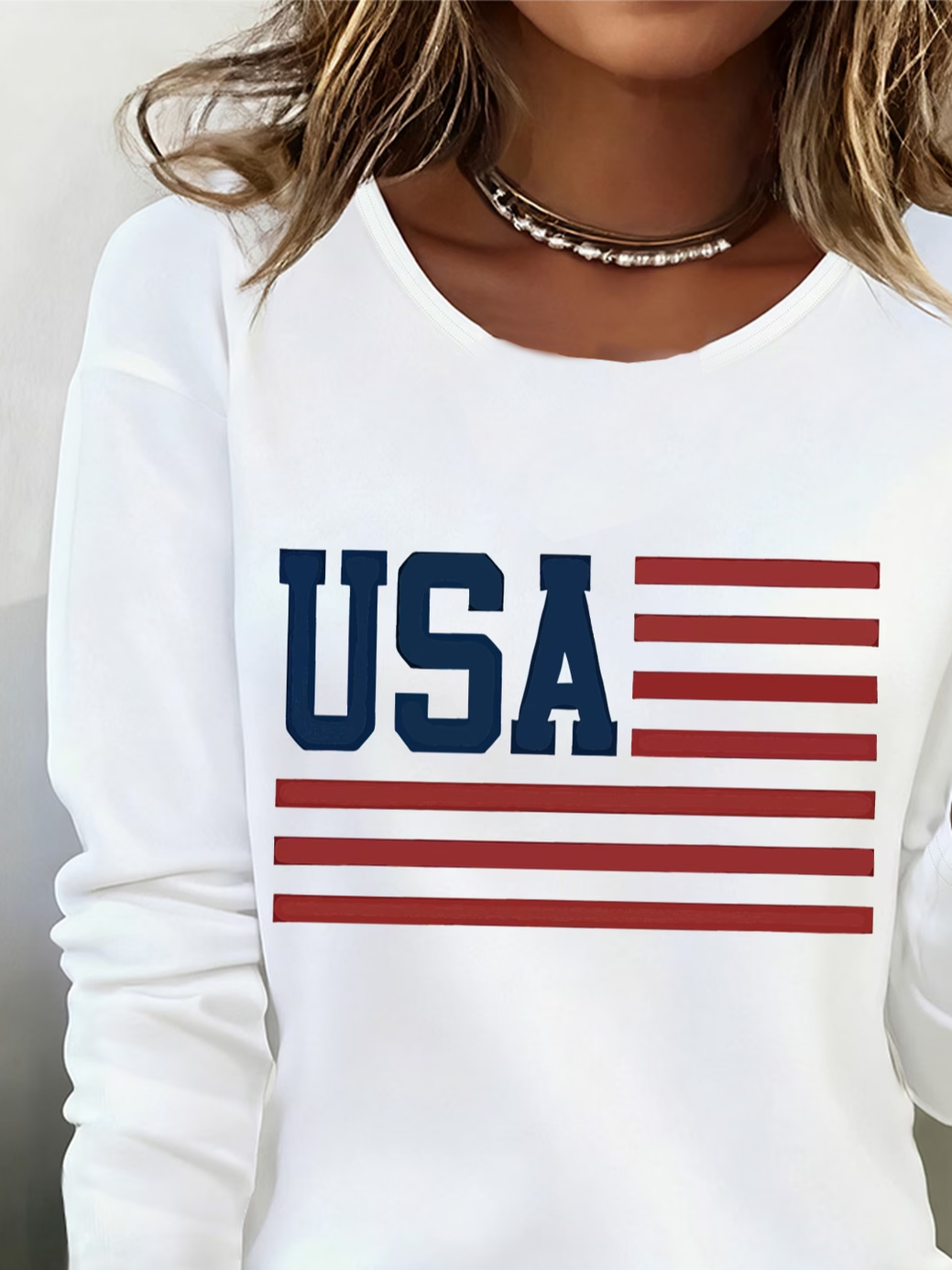 Women's Long Sleeve T-shirt Spring/Fall White America Flag Printing Jersey Crew Neck Daily Going Out Casual Top