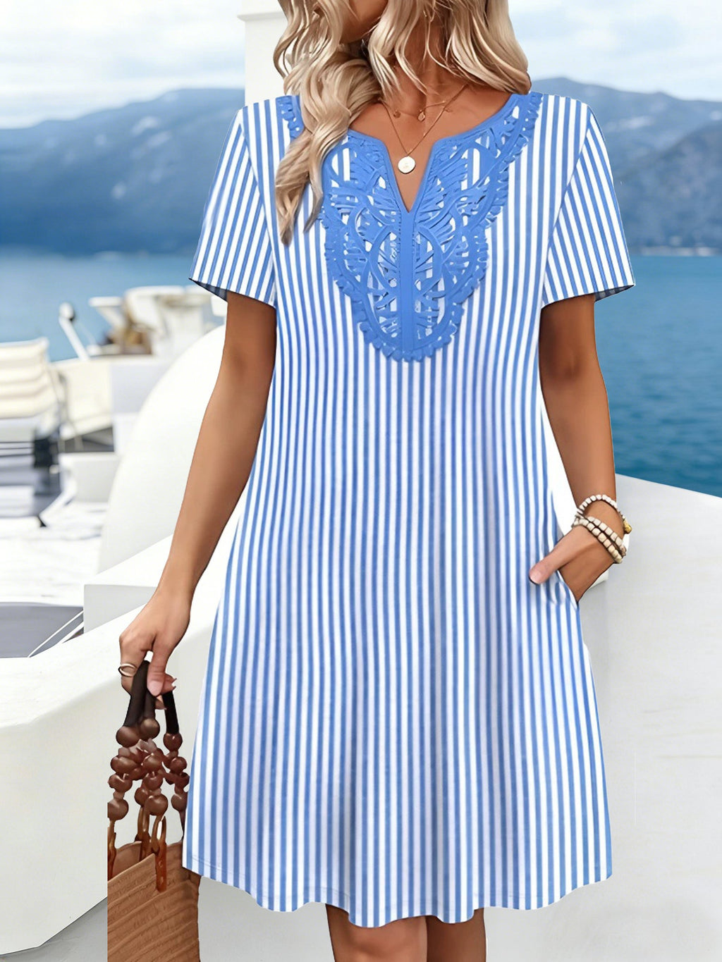 Blue Stripe Short Sleeve V Neck Lace Trim Summer Casual Dress