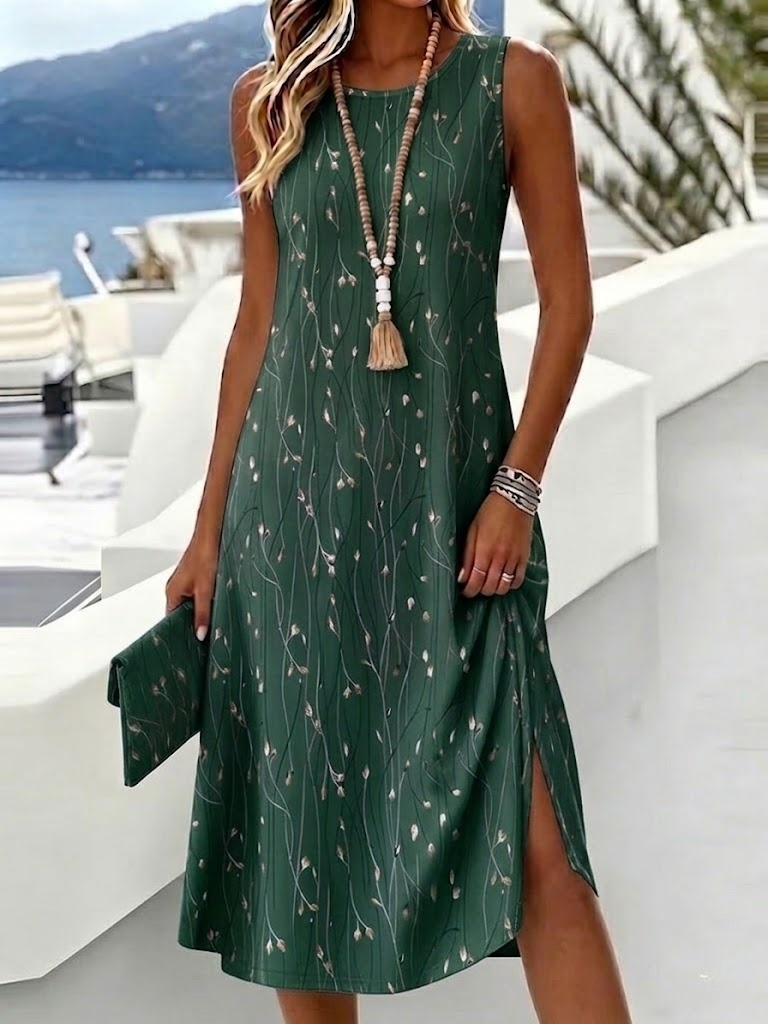 Women's Sleeveless Round Neck Midi Dress Blue Gray Floral Print Casual Summer Tank Dress with No Slit Hem