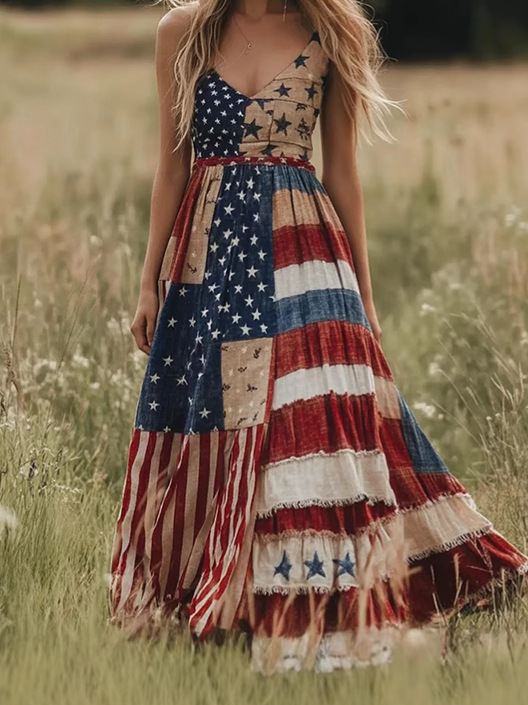 Women America Flag Summer Dress V Neck Sleeveless A-Line Dress