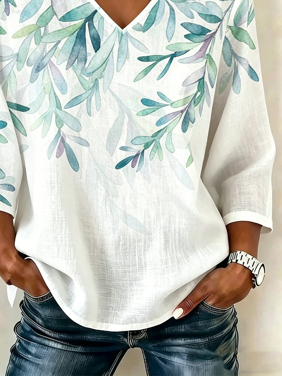 Casual V Neck Leaf Loose Blouse