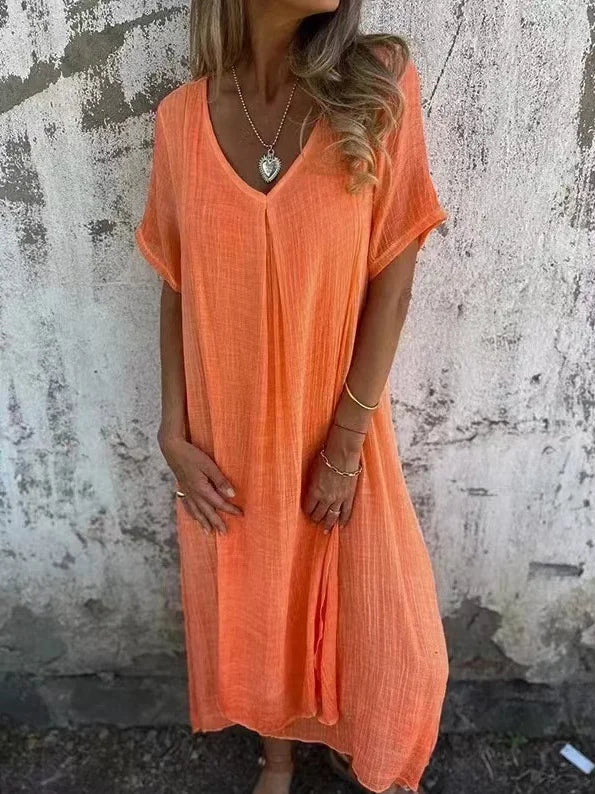 Casual Plain V Neck Midi Dress