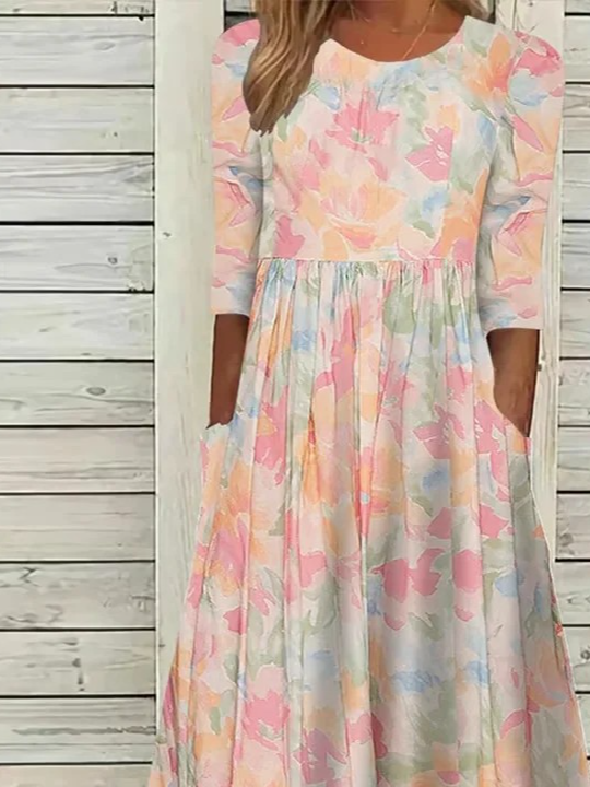 Floral Casual Crew Neck Loose Dress With No