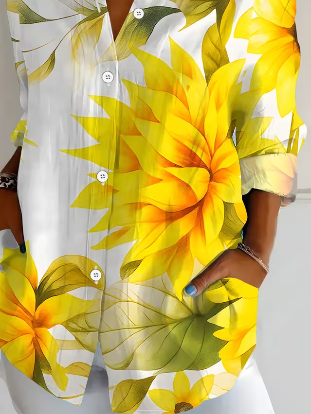 Women's Long Sleeve Shirt Spring/Fall Yellow Floral Buckle Shirt Collar Regular Sleeve Daily Going Out Casual Top