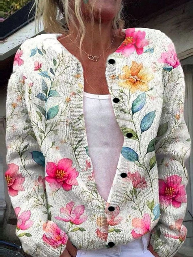 Women's Floral Print Cardigan White Multicolor Flower Print Long Sleeve Button Down Knit Jacket