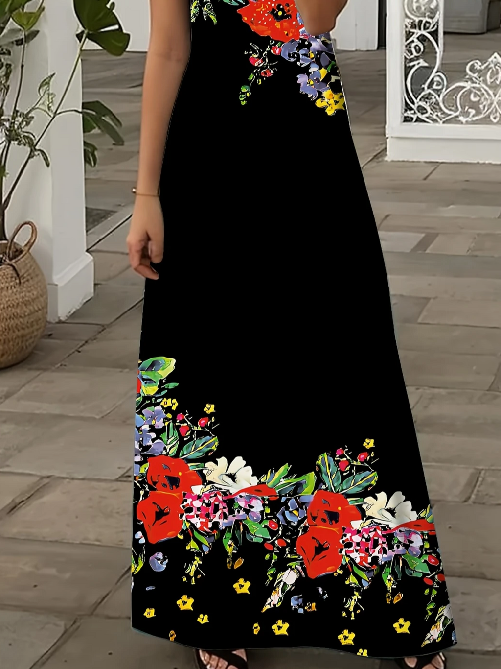 Women's Short Sleeve Summer Black Floral Printing V Neck Daily Going Out Casual Maxi X-Line Dress