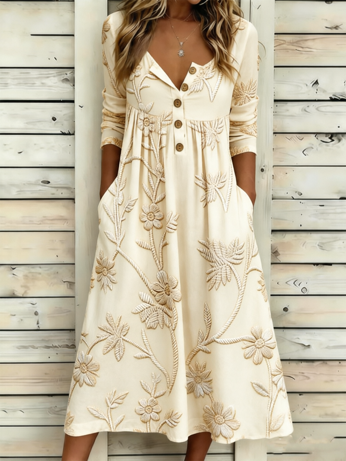 Loose Half Open Collar Floral Vintage Dress With No