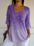 Women's Three Quarter Sleeve T-shirt Spring/Fall Purple Floral Printing V Neck Daily Going Out Casual Top