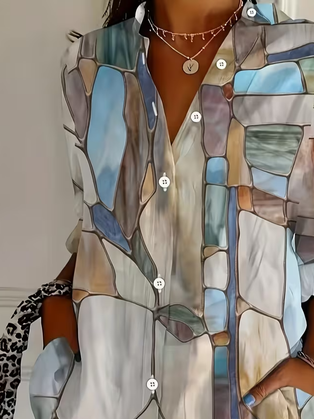 Women's Long Sleeve Shirt Spring/Fall As Picture Abstract Buckle Shirt Collar Regular Sleeve Daily Going Out Casual Top