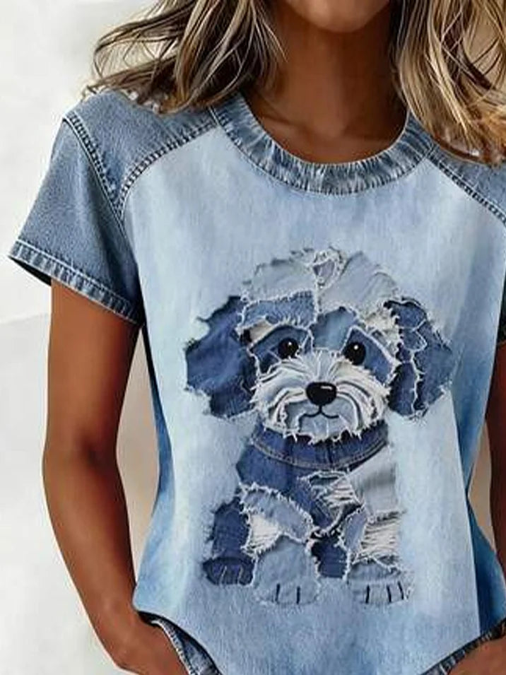 Women's Denim Patchwork Short Sleeve T-shirt Summer Blue Dog Printing Crew Neck Daily Going Out Vintage Top