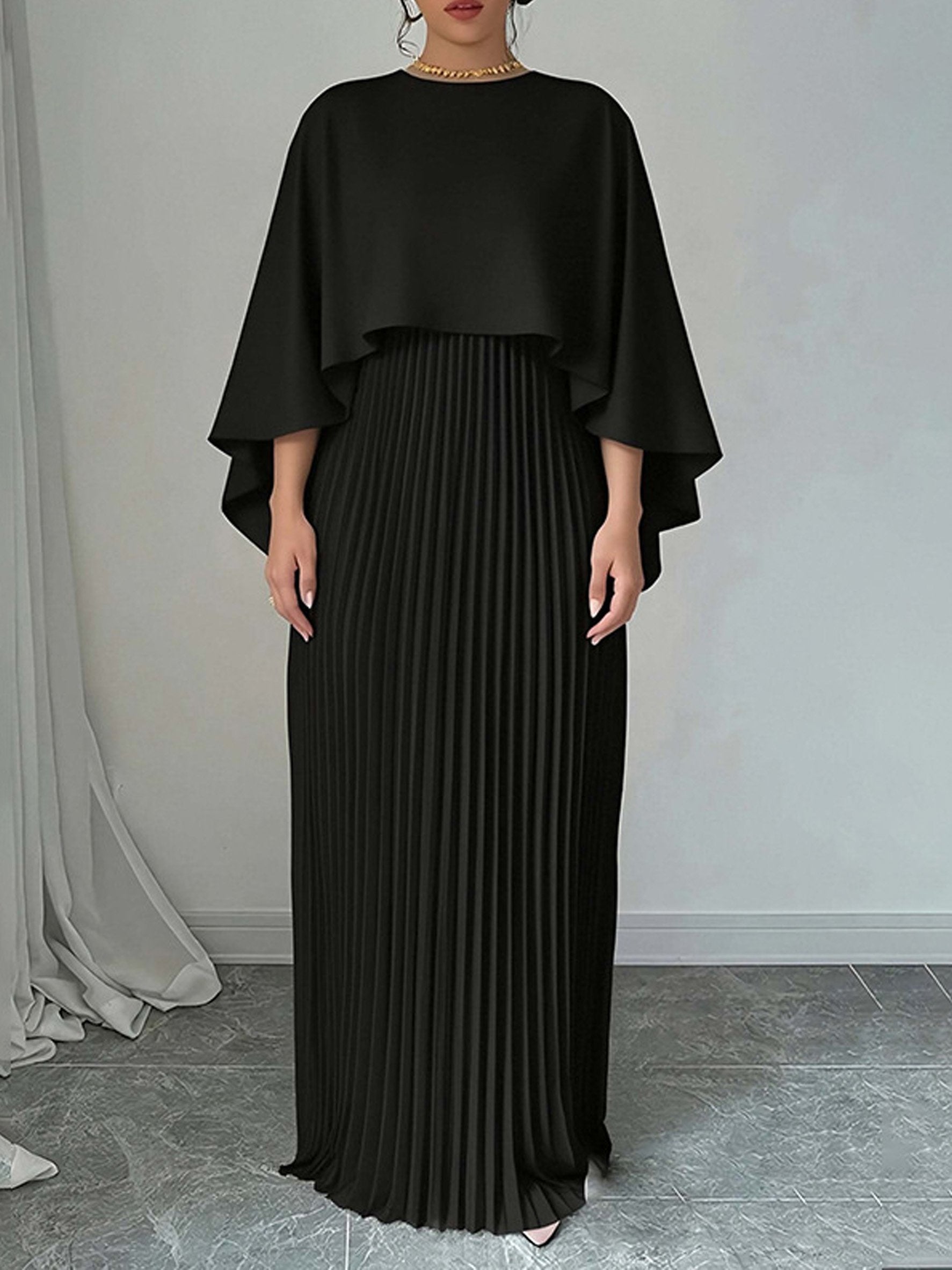 Plain Crew Neck batwing sleeve Pleated Elegant Maxi Dress