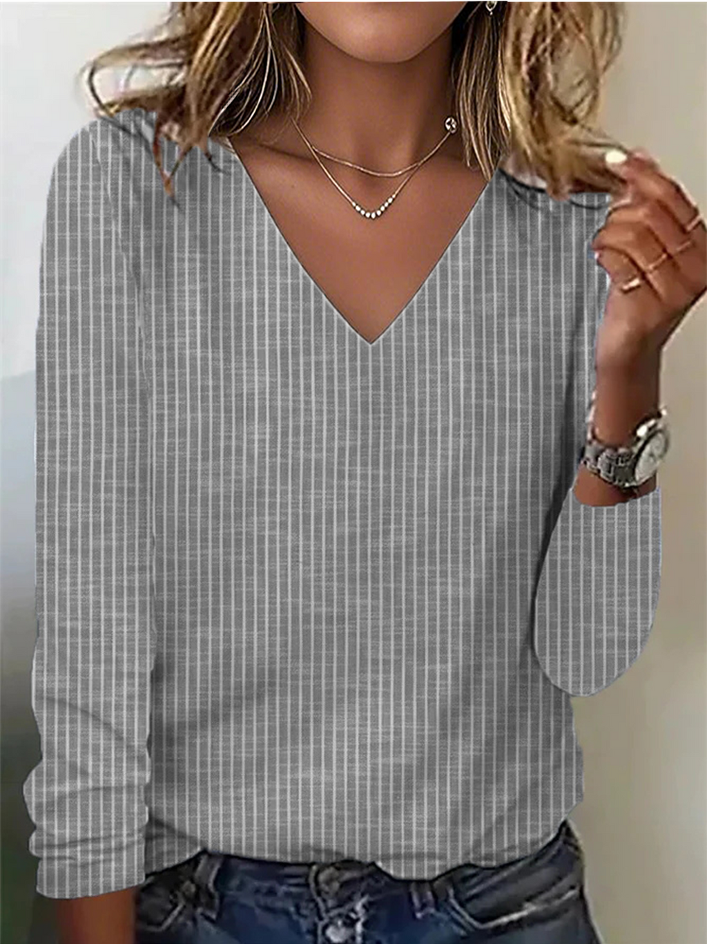 Casual Commuter Striped V Neck Long Sleeve T-Shirt