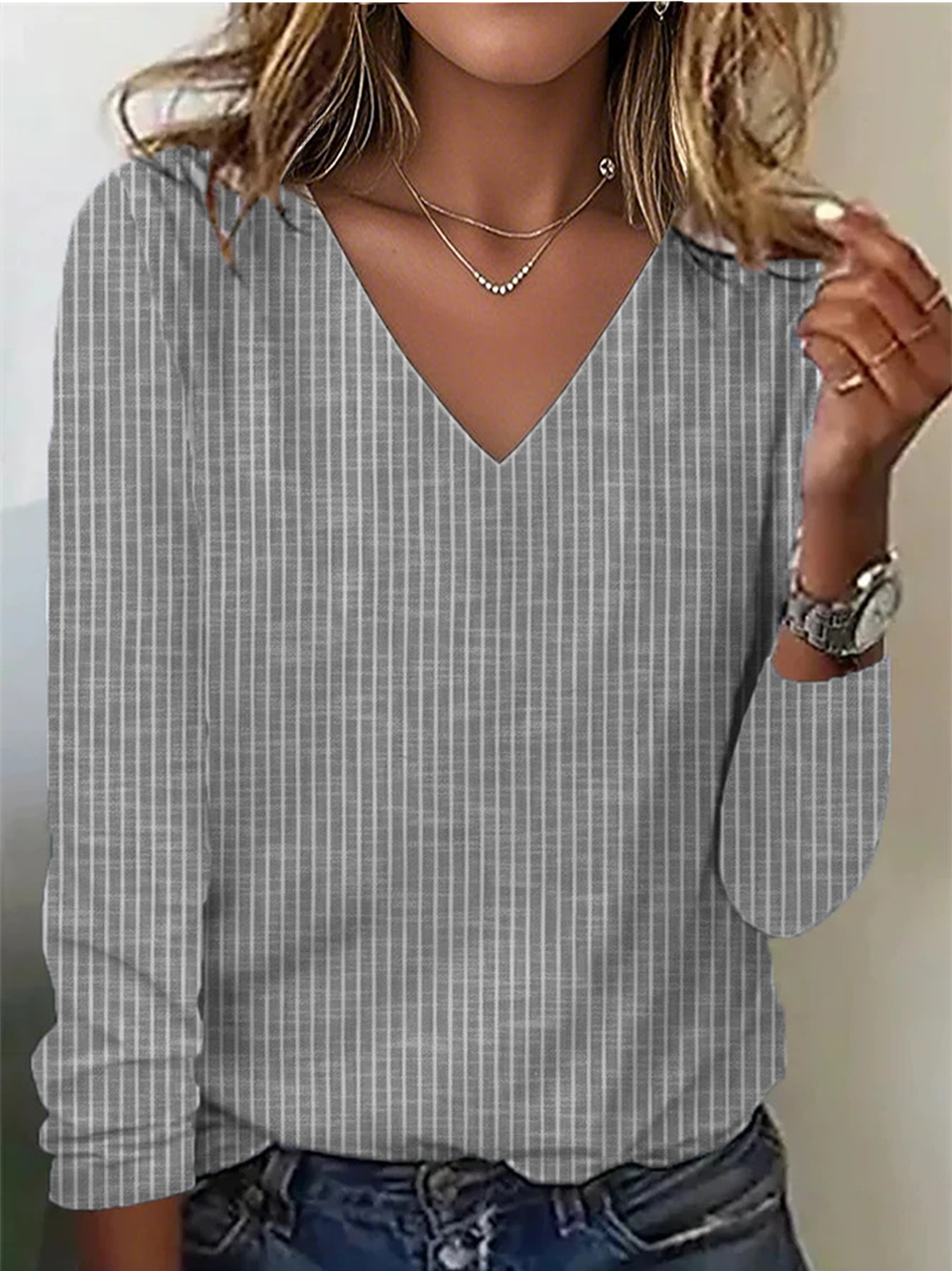 Casual Commuter Striped V Neck Long Sleeve T-Shirt