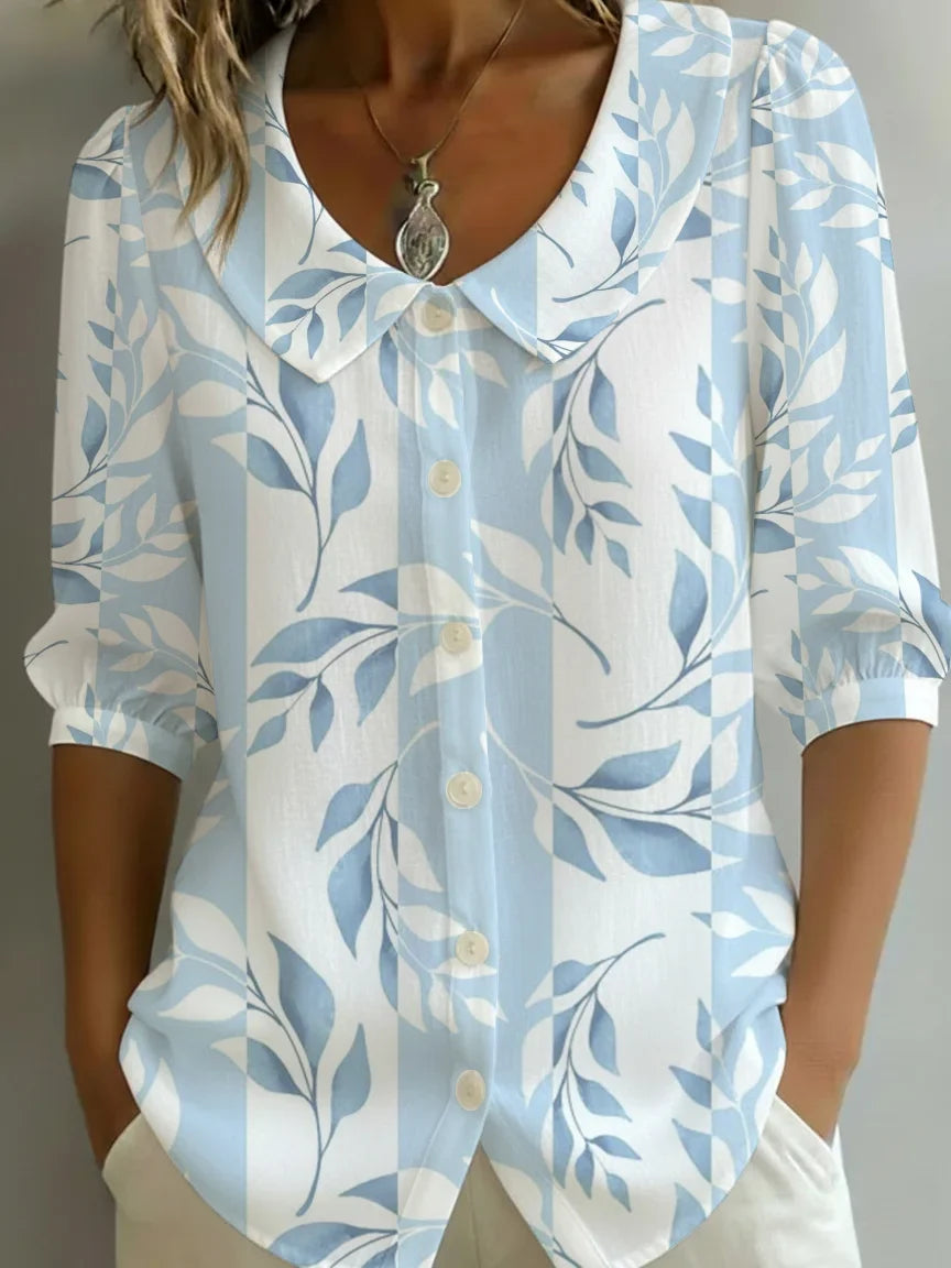 Women's Half Sleeve Shirt Summer Blue Floral Printing Shawl Collar Daily Going Out Casual Top