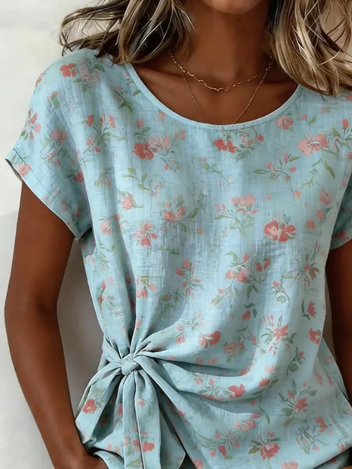 Elegant Botanical Pattern Crew Neck Loose Shirt