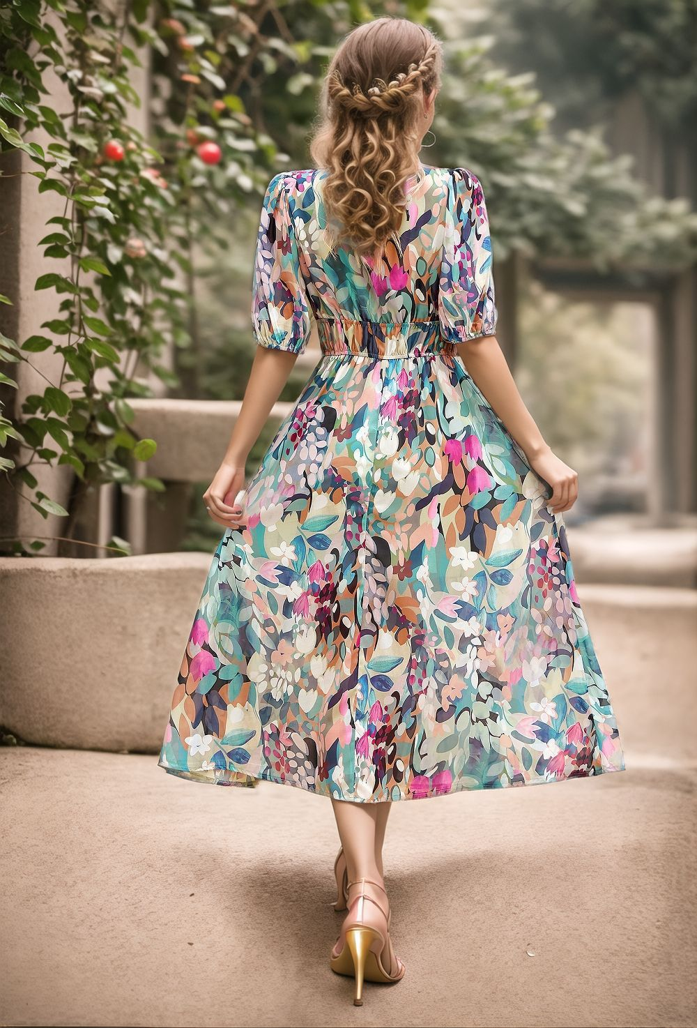 Puff Sleeve V Neck Floral Elegant Dress With No