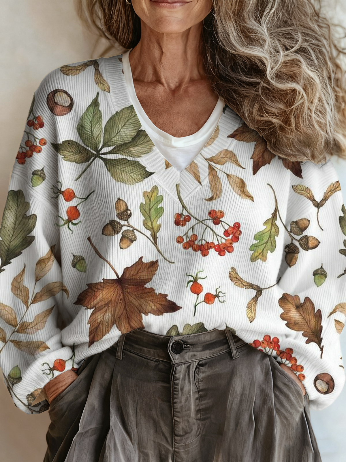 Casual Botanical Pattern V Neck Sweater