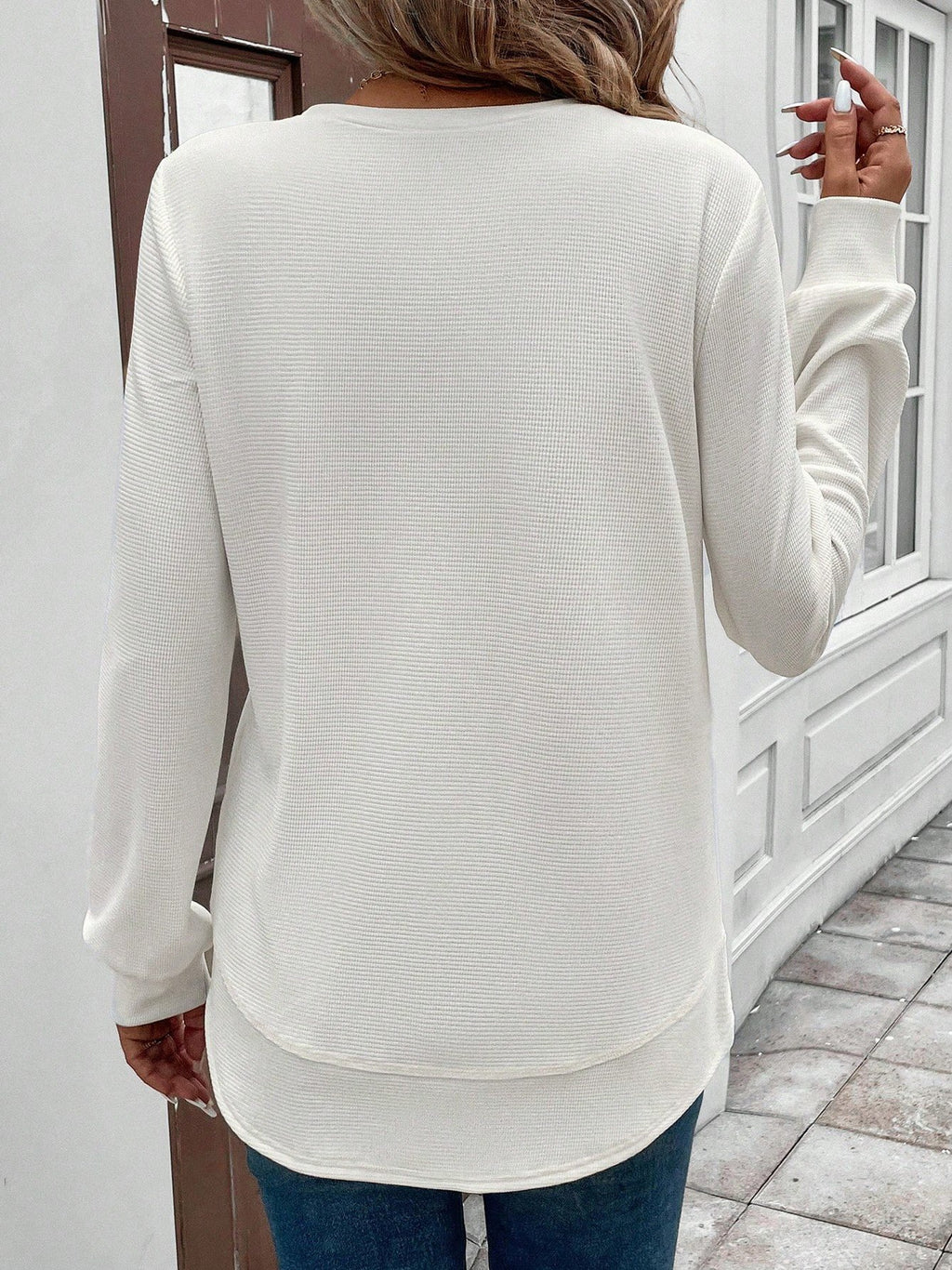 Girly Plain New Loose Temperament Fashion Women's Solid Color Round Neck Splicing Long Sleeve Jacquard Casual Simple Sweatshirt