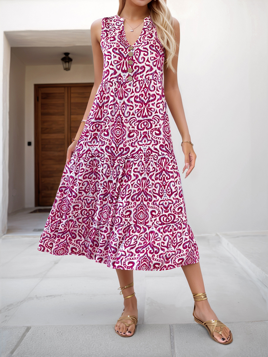 Elegant Ethnic Geometry V Neck Sleeveless Summer Vacation Going Out Elegant Maxi Dress