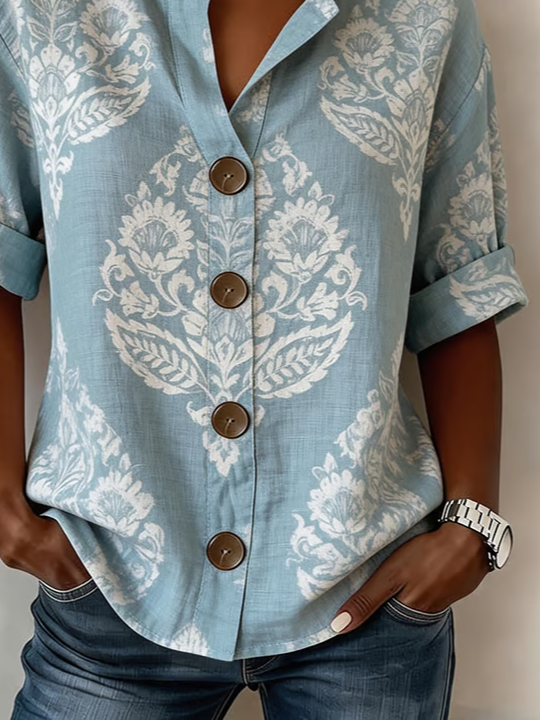 Women's Long Sleeve Shirt Spring/Fall Blue Floral Buckle Stand Collar Daily Going Out Casual Top