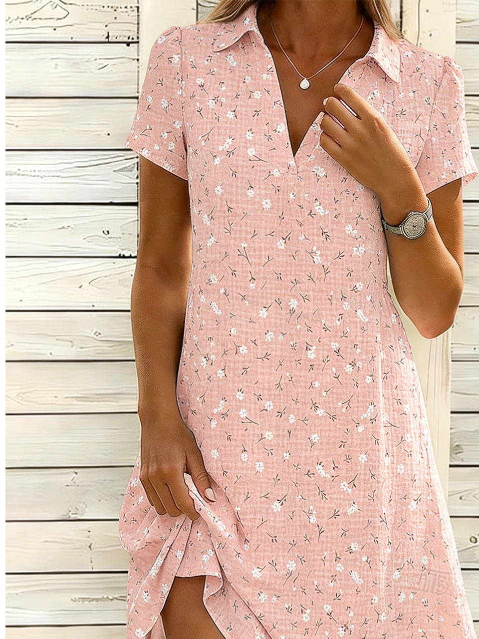 Shawl Collar Casual Loose Floral Shirt Dress With No