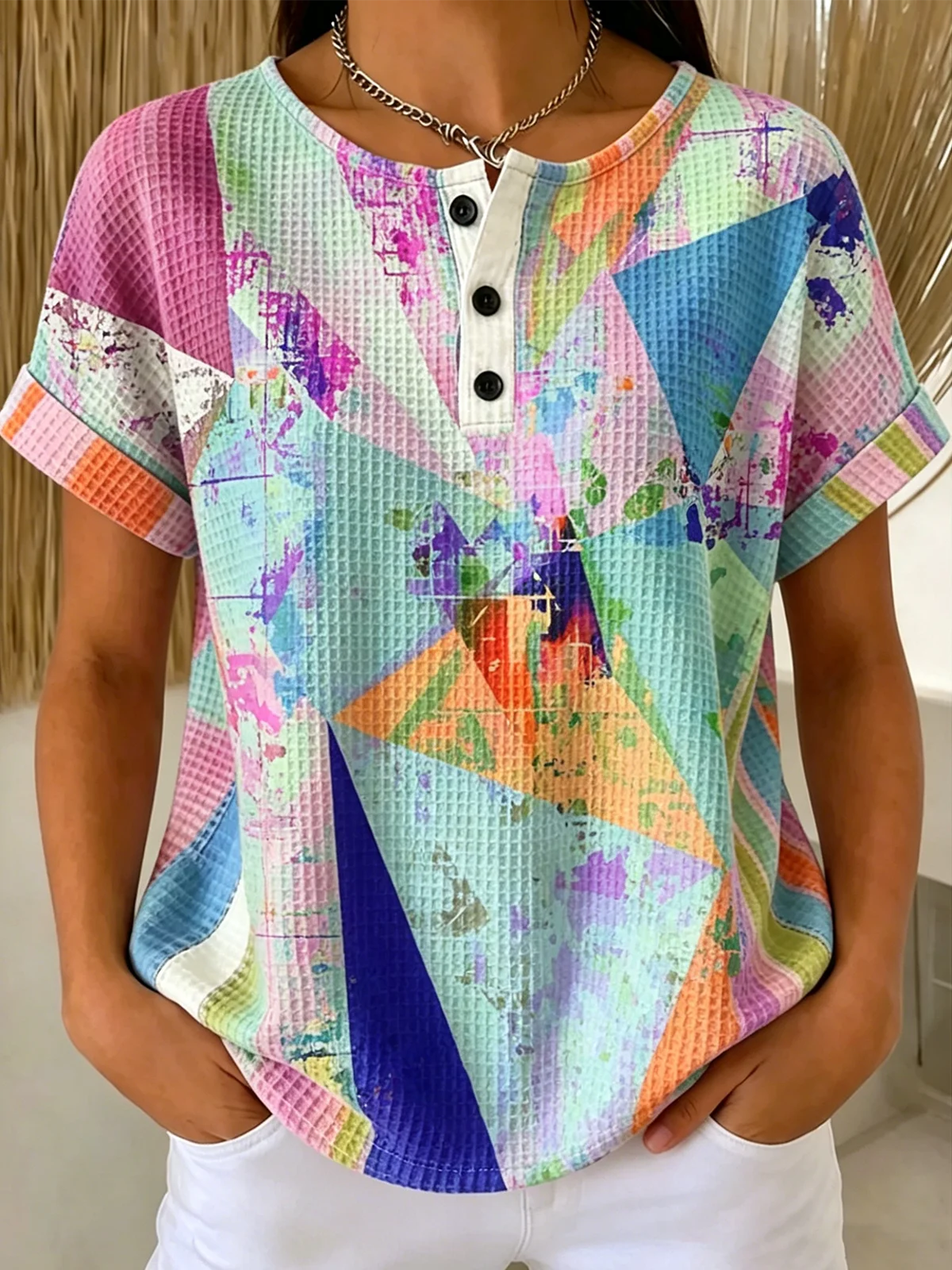 Multicolor Block Loose Others Casual T-Shirt