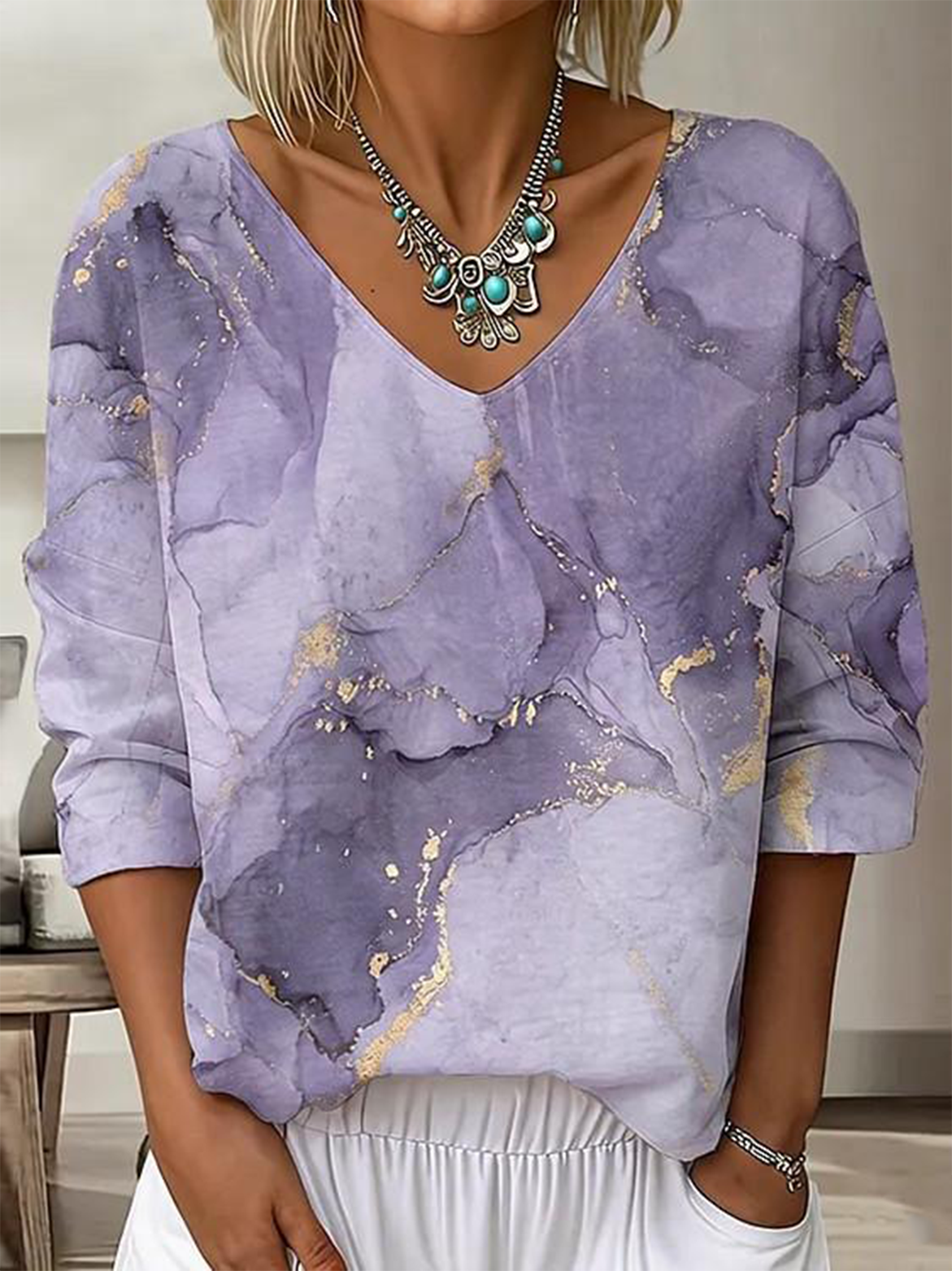 Loose V Neck Casual Chevron T-Shirt