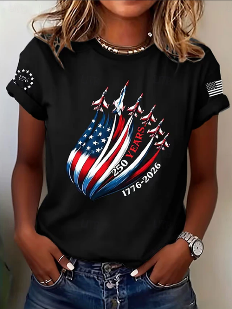 Women's Short Sleeve T-shirt Summer Black Independence Day (Flag) Printing Jersey Crew Neck Daily Going Out Casual Top