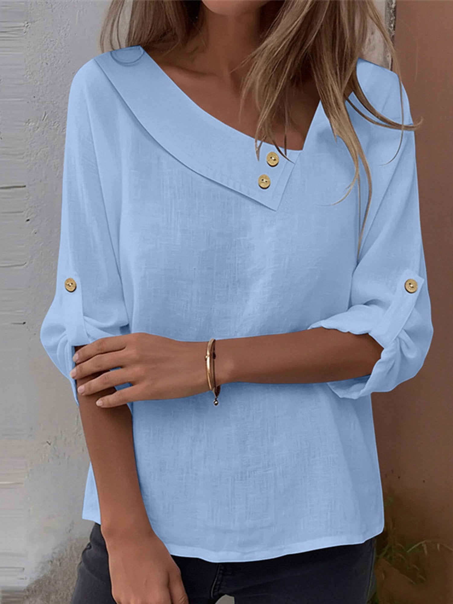 Cotton And Linen Casual Plain Asymmetrical Blouse