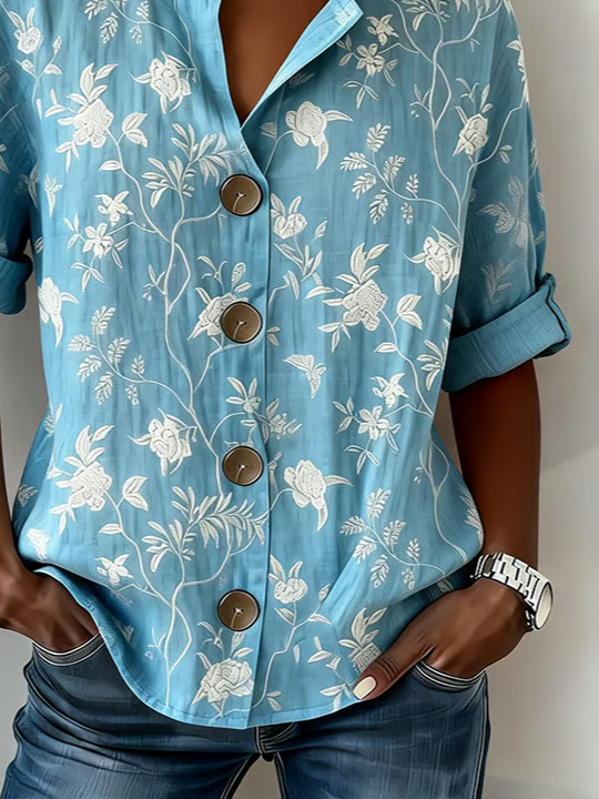 Women's Long Sleeve Shirt Spring/Fall Blue Floral Buckle Stand Collar Daily Going Out Casual Top