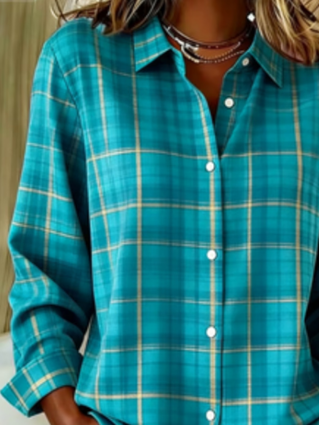 Women's Long Sleeve Shirt Spring/Fall Cyan Plaid Buckle Shirt Collar Regular Sleeve Daily Going Out Casual Top