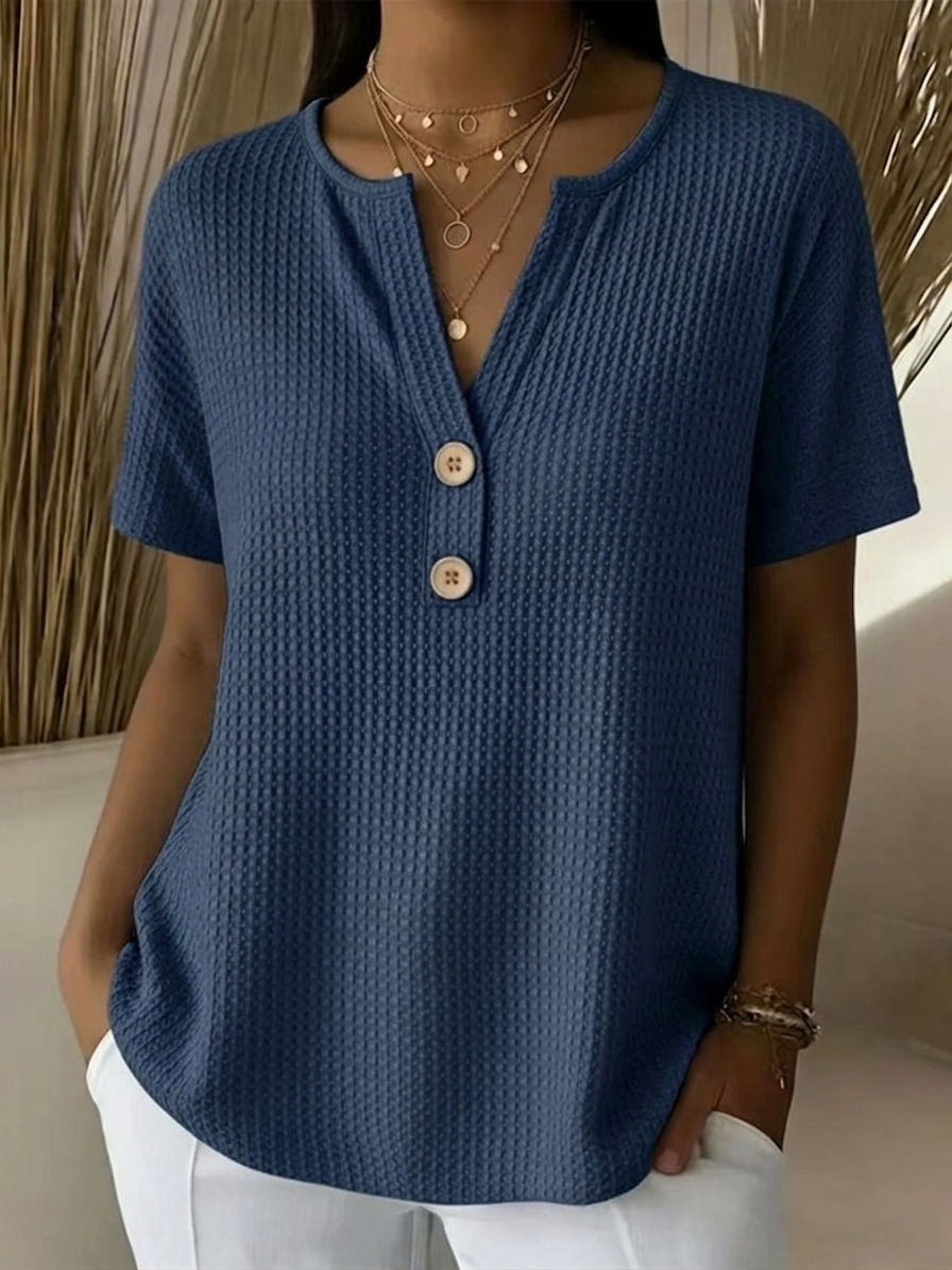 Waffle Plain V Neck Short Sleeve Button Daily Going Out Casual Loose Blouse