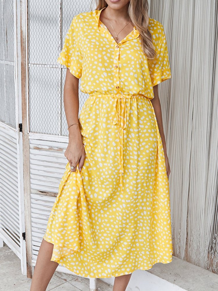Women's Short Sleeve Summer Blue Polka Dots Split Joint V Neck Daily Going Out Vintage Maxi A-Line T-Shirt Dress Dress
