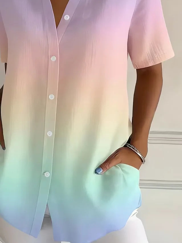 Women's Short Sleeve Shirt Summer As Picture Ombre Printing Shirt Collar Daily Going Out Casual Top
