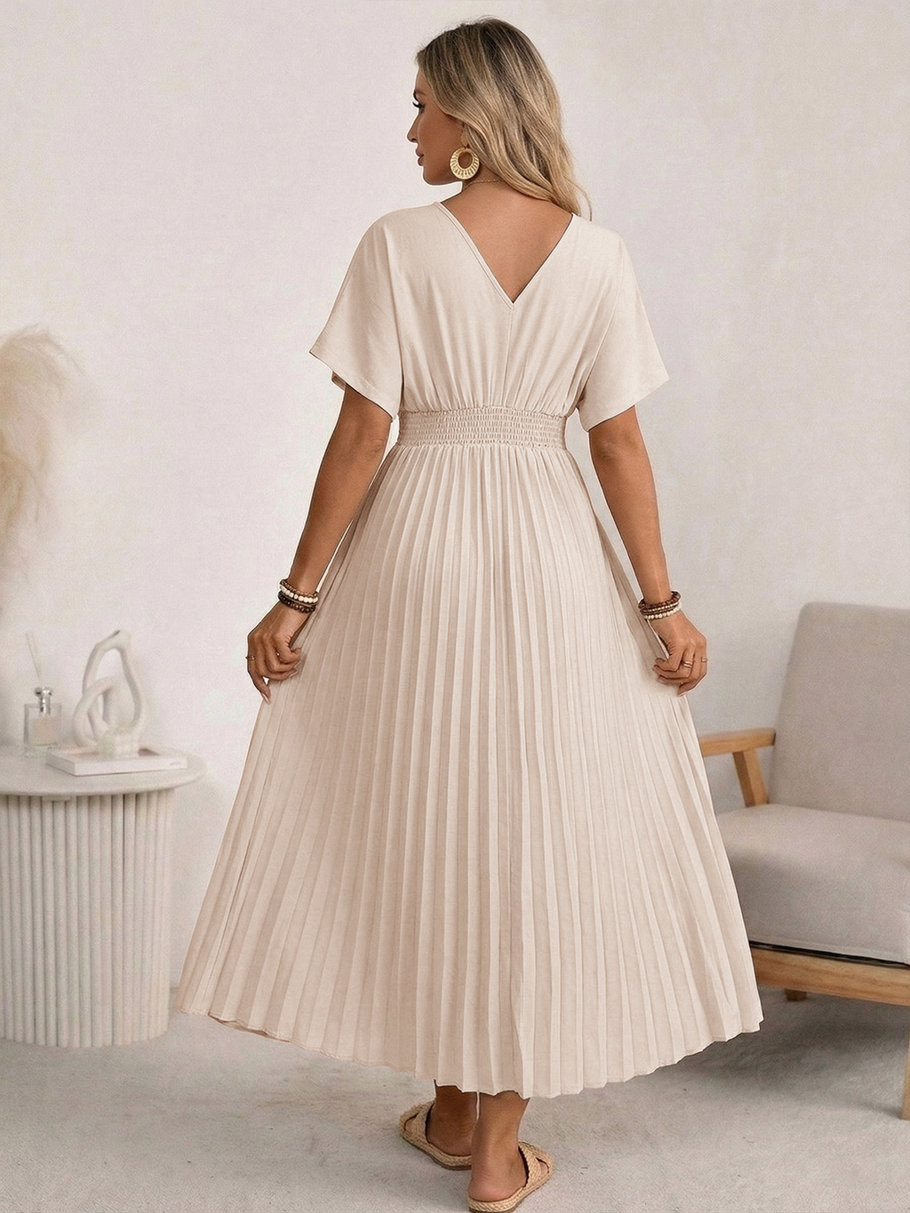Plain Batwing Short Sleeve V Neck Pleated A-Shape Skirt Elegant Maxi Dress