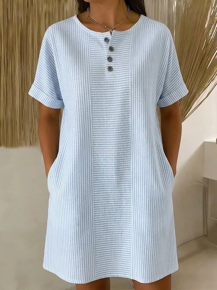 Casual Striped Henley Dress with Pockets