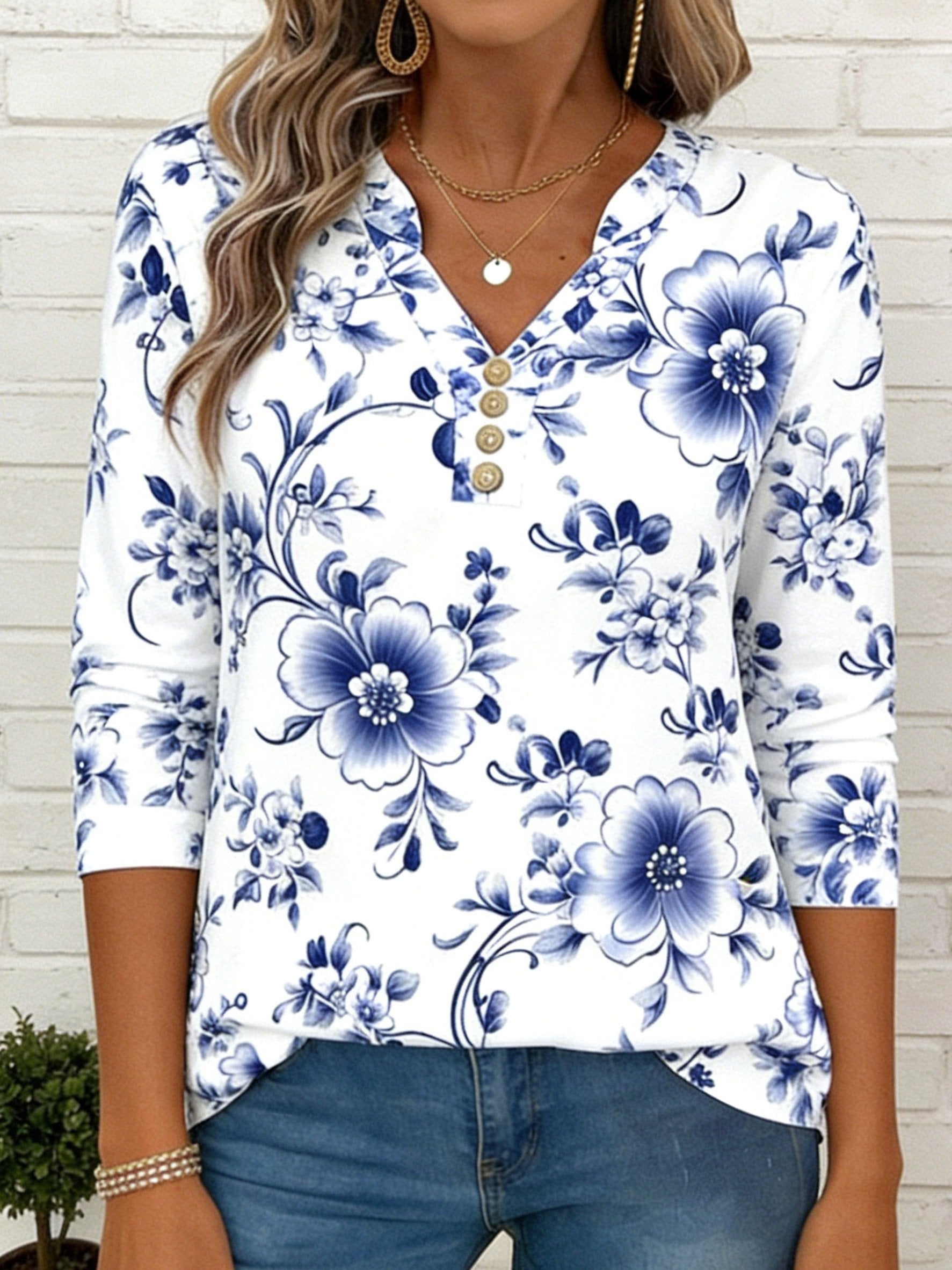 Elegant Long Sleeve V Neck Button Going Out Casual T-Shirt