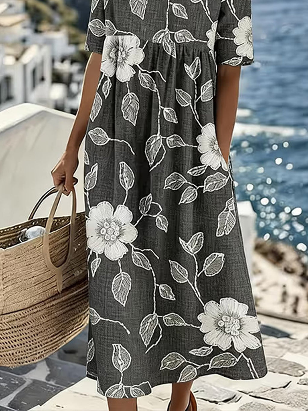 Vintage Floral Round Neck Short Sleeve Casual Dress