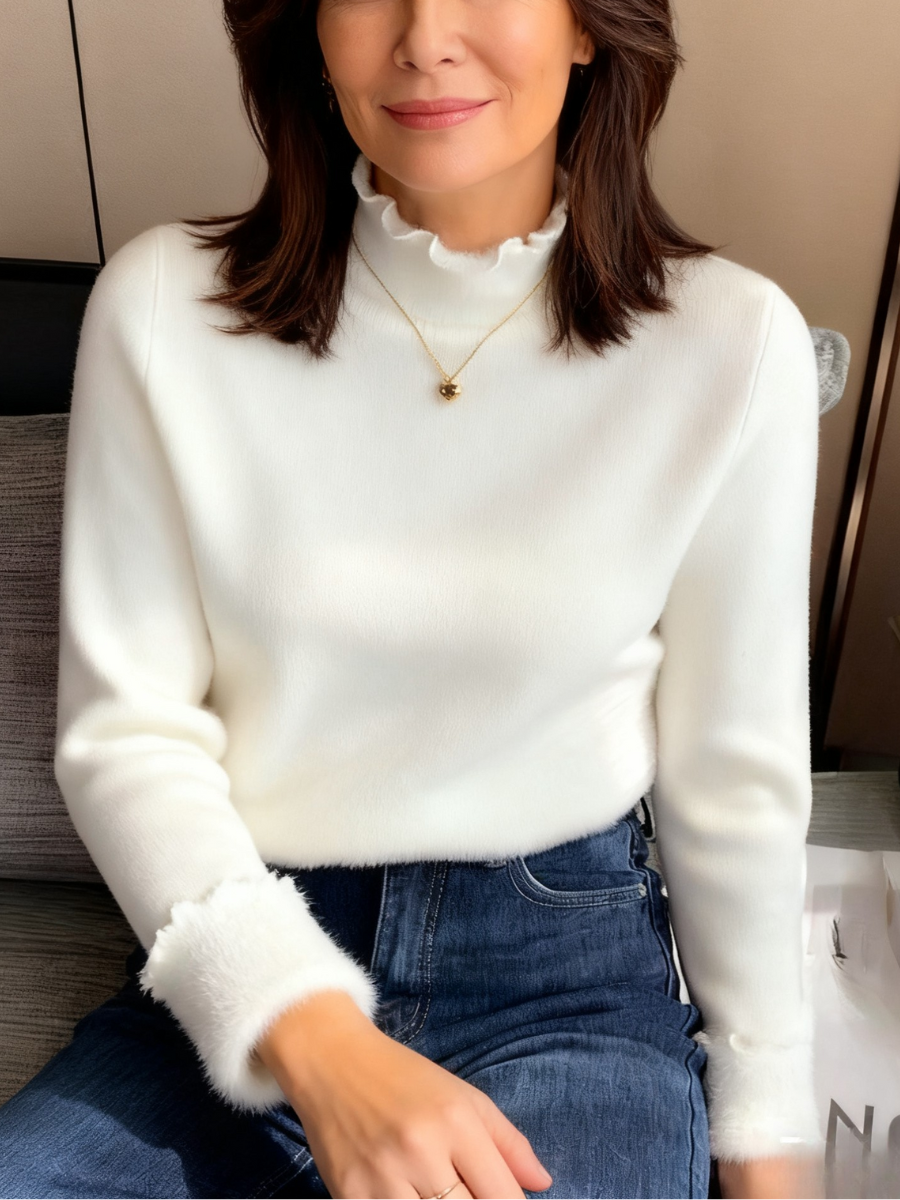 Oatmeal Plain Sweater With Ruffled Trim Thickened Fleece Lining, Stylish And Slim-fitting Knit Base Layer For Women