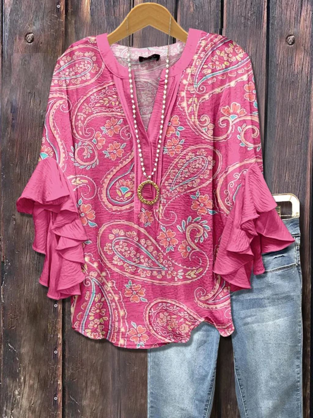 V Neck Vacation Cotton Blouse