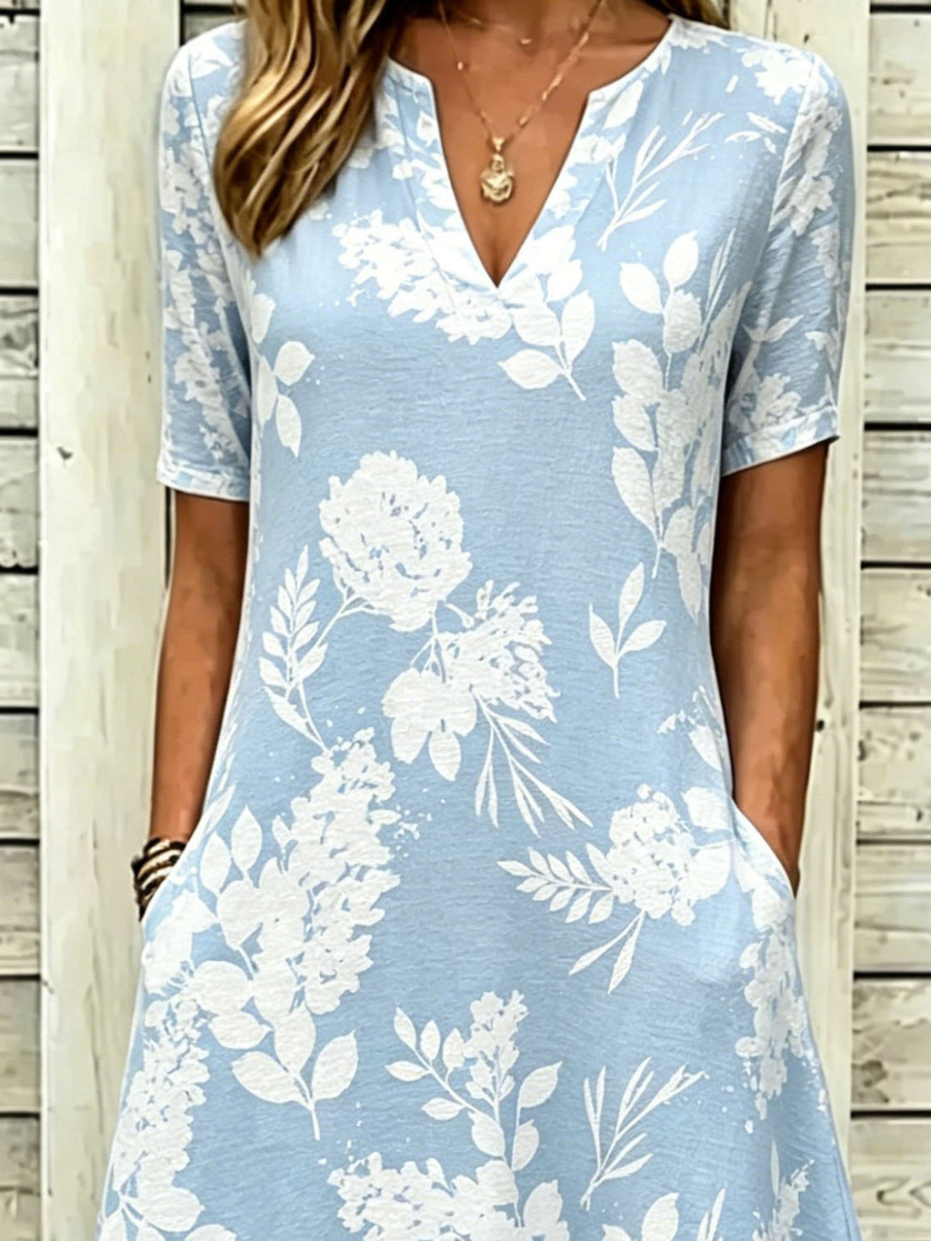 Elegant Blue Floral Print V Neck Short Sleeve Casual Maxi Dress