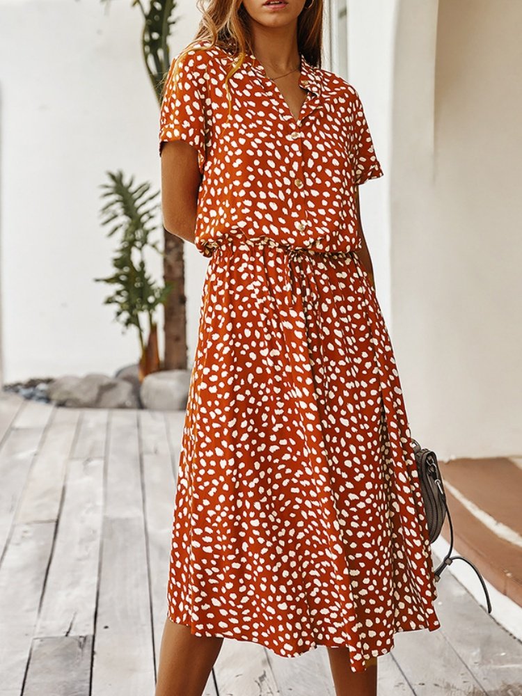 Women's Short Sleeve Summer Blue Polka Dots Split Joint V Neck Daily Going Out Vintage Maxi A-Line T-Shirt Dress Dress
