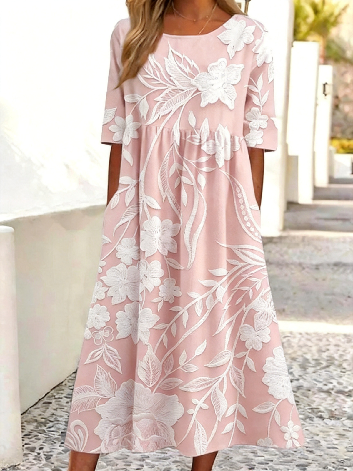 Women's Floral Print Maxi Dress Round Neck Half Sleeve Casual A-Line Dress with Pockets