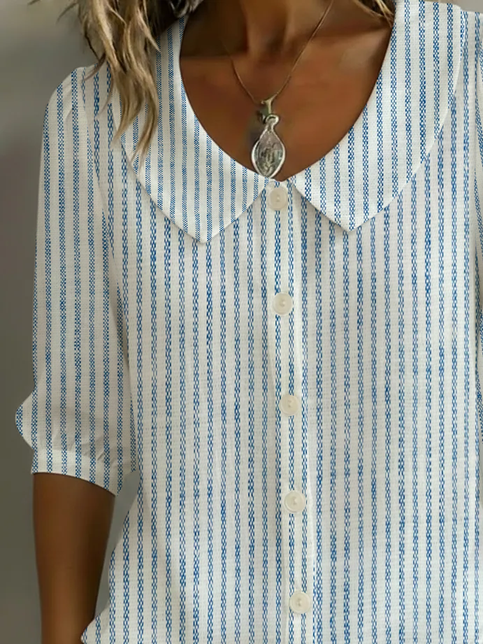 Women's Half Sleeve Shirt Summer Blue Striped Printing Shawl Collar Daily Going Out Casual Top