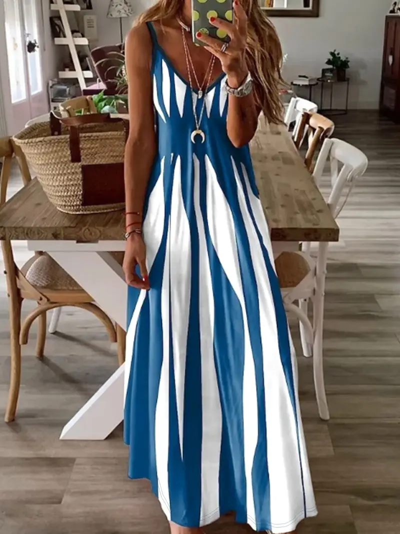 Women's Striped Spring Print Sexy Fashion Suspender Long Skirt
